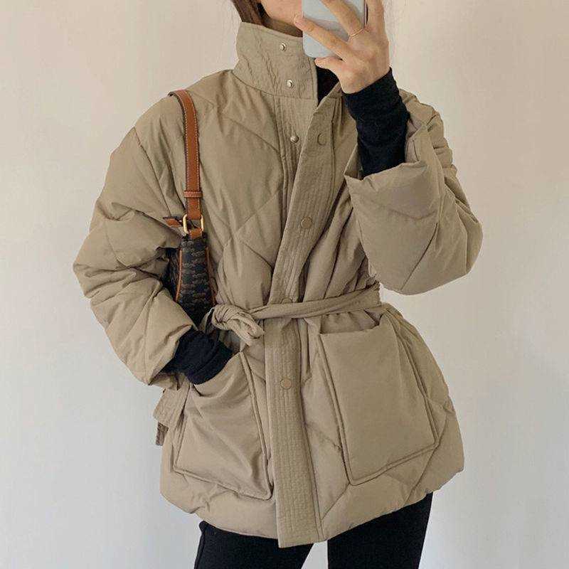 

Women's Down Parkas Down Padded Jacket Women Korean Winter All-match High-neck Diamond Lattice Plus Cotton Warmth Large Pockets Lace-up Waist T221011, Black