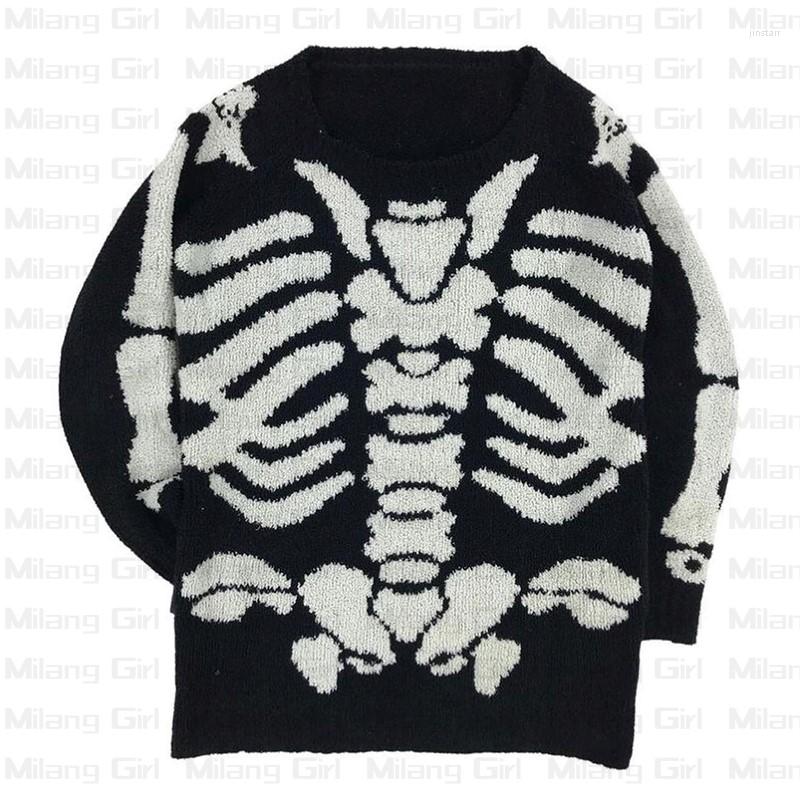 

Men's Sweaters Skeleton Bone Print Harajuku Men Oversized Sweater Black Loose Women Vintage Knitted Autumn Cotton Pullover Unisex Y2K