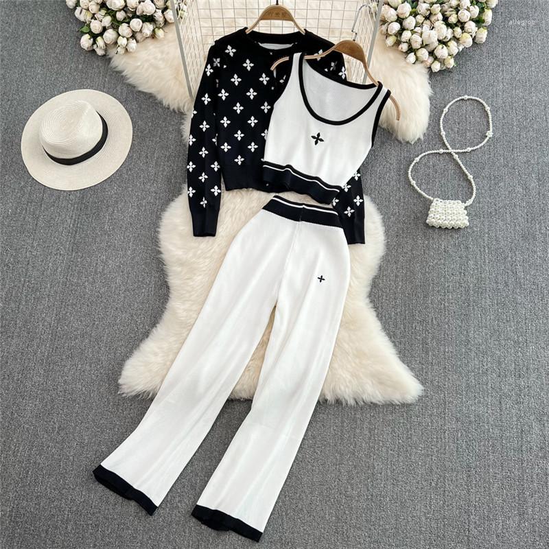 

Work Dresses Fashion Women Knitted 3 Pieces Sets Long Sleeve Cardigan Coats Vest Tops Wide Legs Pants Suits Vestidos, Black