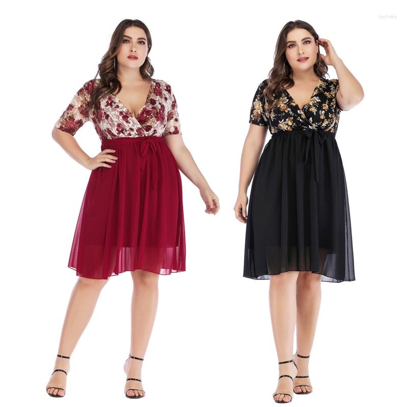 

Party Dresses Women Plus Size Short Sleeve Sexy V-Neck Floral Print Lace Splicing Midi Swing Dress Tie Waist Chiffon Flowy Sundress, Black
