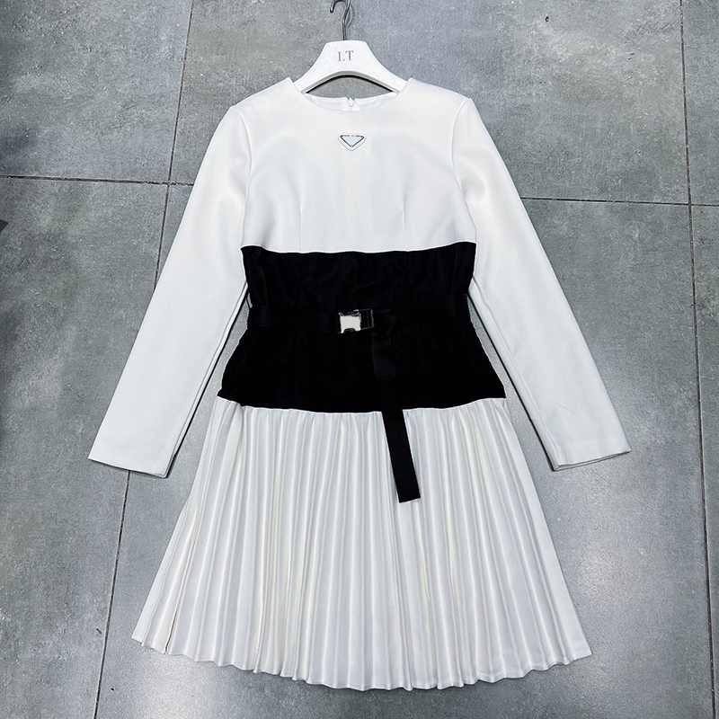 

Autumn Elegant Dresses Women Long Sleeve Belt Dress 2 Colors Personality Charm Skirts Brand Dresses, White