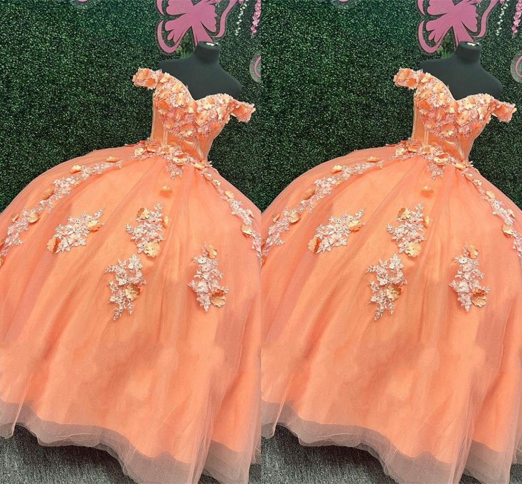 

2023 Orange Quinceanera Dresses Sweet 16 Girls 3D Floral Flowers Lace Applique Beaded Off Shoulder Prom Dress Long Ball Gown Formal Party, Brown