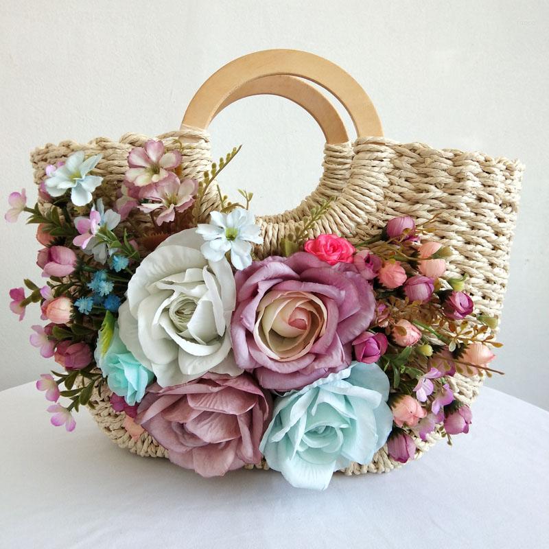 

Duffel Bags Original Design Women Fashion Weave Rattan Flower Beach Bag Multicolor Bohemia Straw Tote Handbag Summer Vacation Pograph, Black