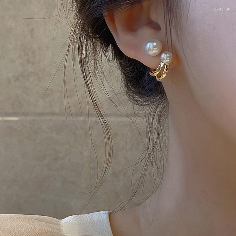 

Hoop Earrings Trendy Korea Imitate Pearl For Women Fashion Retro Geometric Gold Color Twist Metal Wedding Party Jewelry