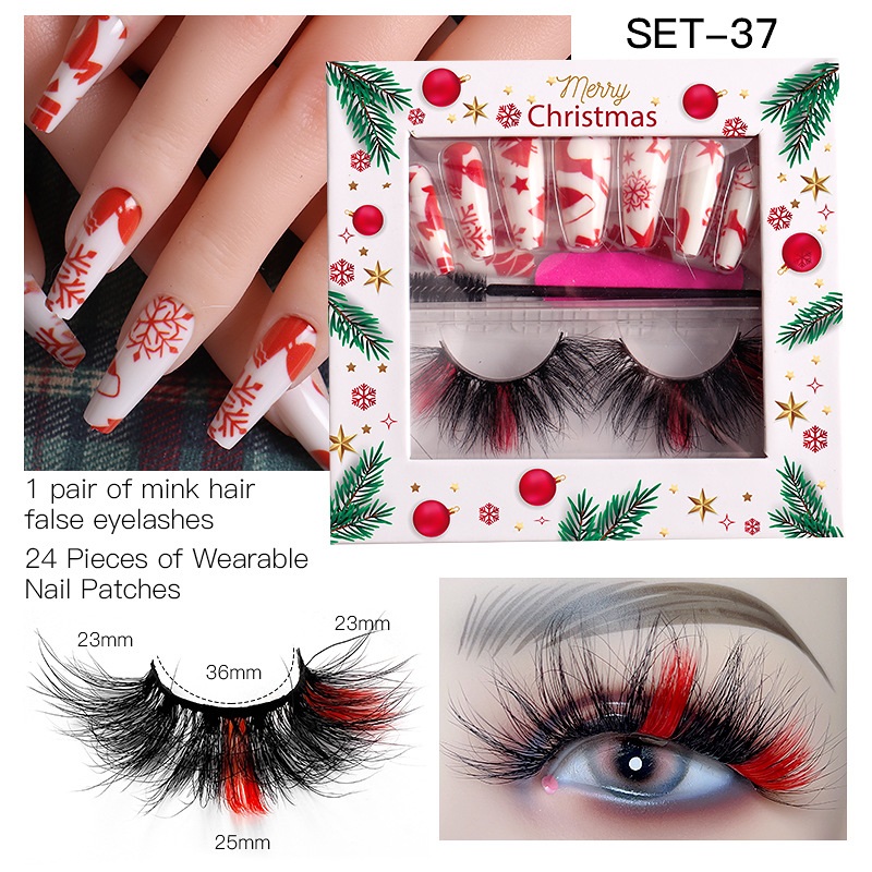 

Thick Curly Colorful False Eyelashes and Nail Christmas Suit Messy Crisscross Reusable Hand Made Mink Fake Lashes Full Strip Lash Easy to Wear DHL