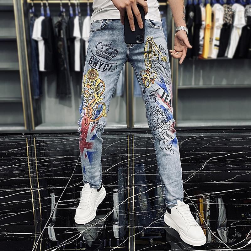 

Men's Jeans Men's 2022 Crown Printing Stretch Men Graffiti Print Graphic Motorcycle Skinny High Street Hip Hop Trendy, Blue