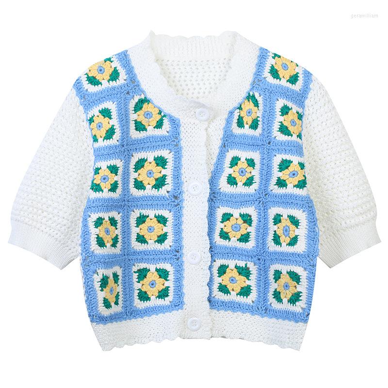 

Women' Knits 2022 Summer Sweater Cardigans Women Knit Crop Tops Vintage Plaid Short Sleeve Jersey Fashion Streetwear Japanese Korean, Blue