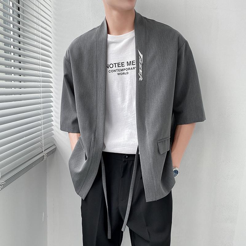 

Men's Suits Trends 2022 Products Thin 5-sleeve Blazers Loose Cardigan Mens Fashions Korean Clothes Suit Drawstring Design Belt Cape Coats, Black