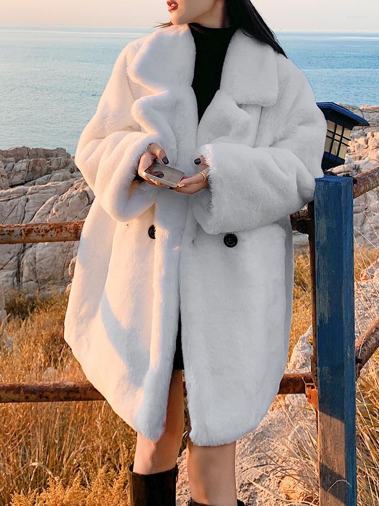 

Women' Fur Winter Imitation Grass Long Coat Loose Korean Thickened Lapel Plush Overcoat High Quality Top Fashion Jacket, White