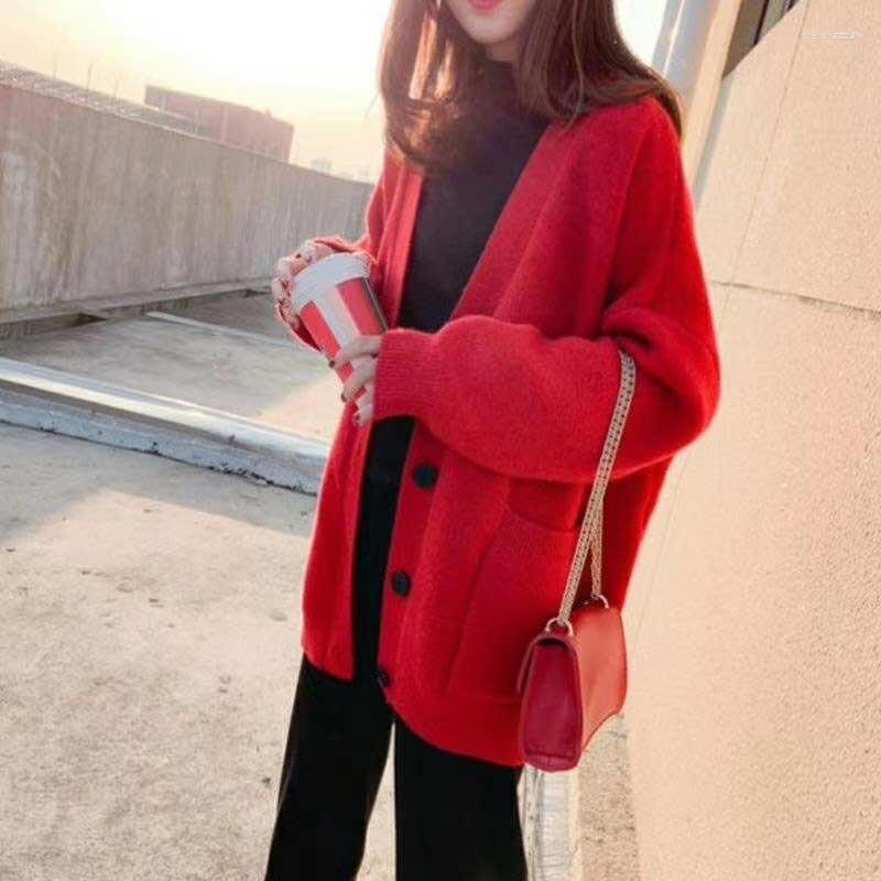 

Women's Knits Autumn Black Knitted Sweater Women V Neck Long Sleeve Solid Color Cardigan Vintage Harajuku Casual Loose Tops Fashion