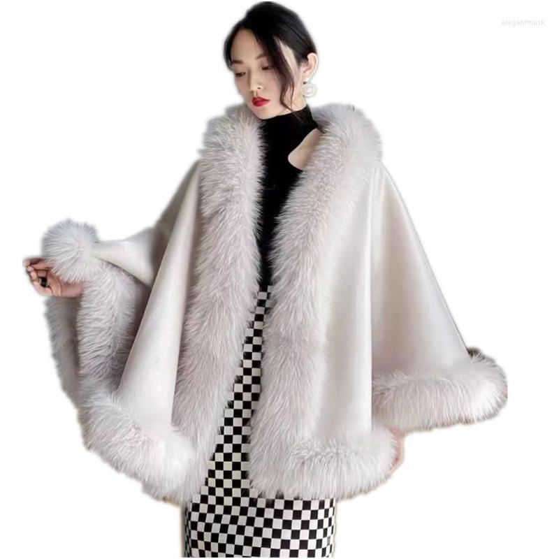 

Scarves Wool Cape For Women Winter Warm Cloak With Real Fur Poncho Big Banana Collar Knit Overcoat Fluffy Party Dress Wraps