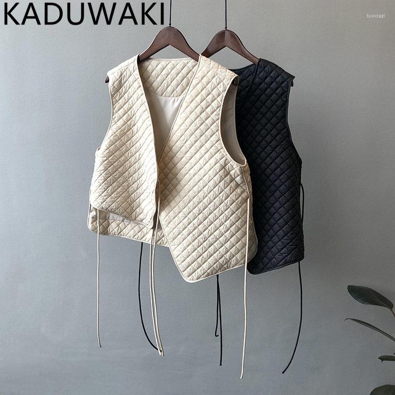 

Women's Vests Vintage Rhombus Lace Up Waistcoat Women 2022 Winter Korean Loose Casual Tops Elegant V Neck All Match Streetwear Thin Jacket, Black