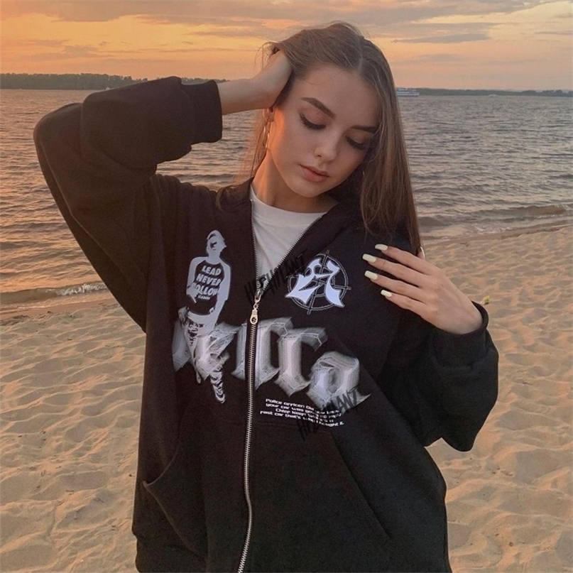 

Women's Hoodies Sweatshirts sweatshirt Oversized Jacket letter Print Coat Goth Harajuku Y2k aesthetic Clothes grunge Punk Zipup 221010, Black