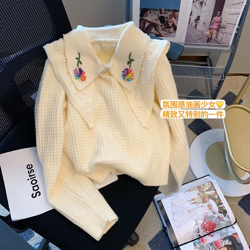 

Women' Sweaters Women Sweater White Sweet Style Long Sleeve Tops Knits Winter Outfit Cloth Solid Simple Collar Top Loose
