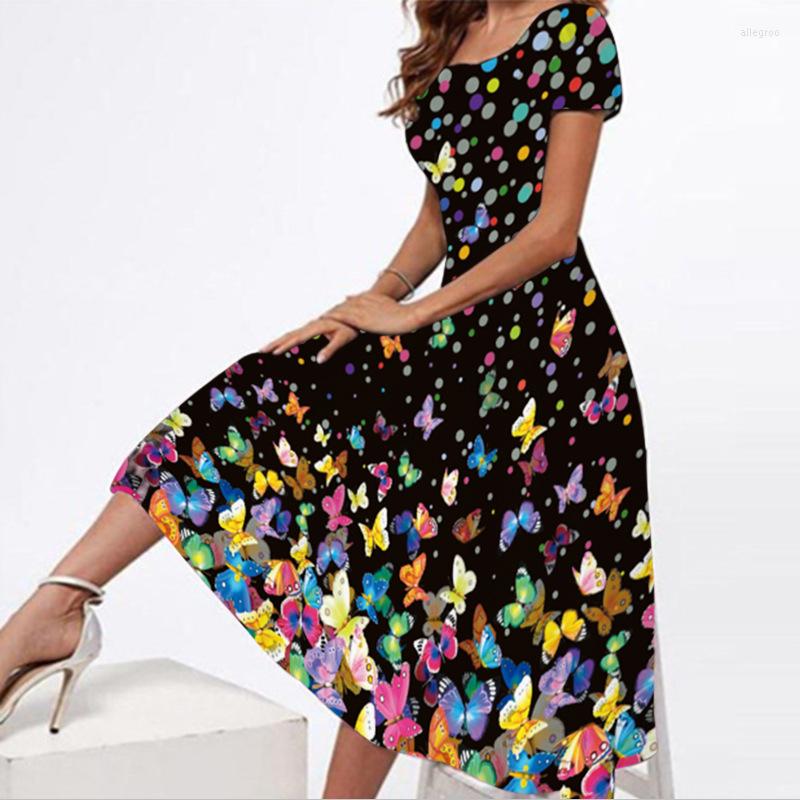

Casual Dresses Fashion Summer Dress Women's Square Neck Short Sleeve Long Butterfly Print Clothing Women Club, 8131-13