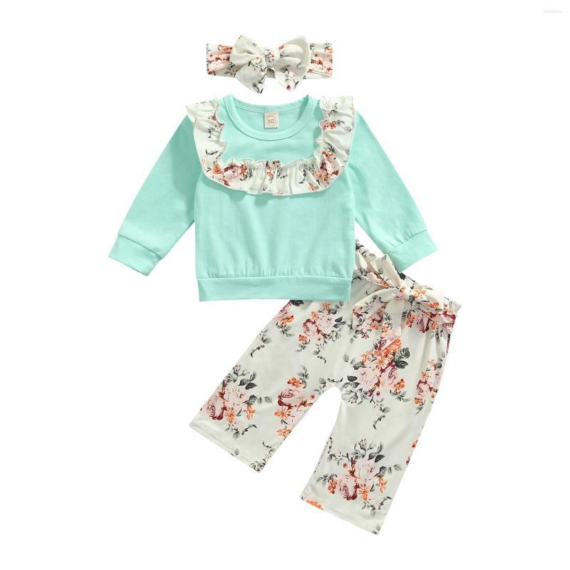 

Clothing Sets 3 Pcs Infant Flower Print Outfits Girls Long Sleeve Round Neck Ruffle T-shirt Tie-up Trousers Bowknot Headband 9M-4T, Picture shown