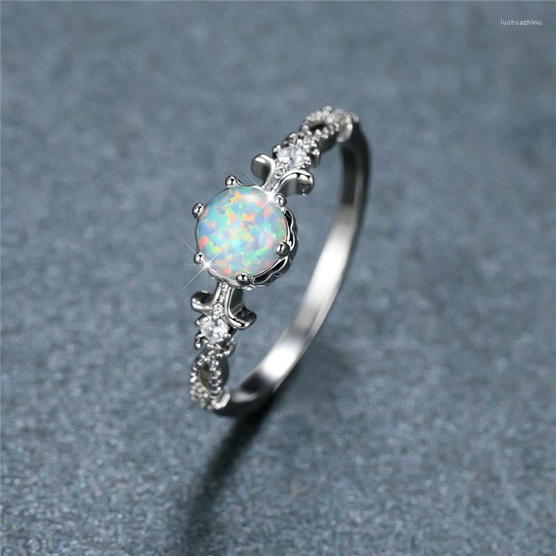 

Wedding Rings Female Cute Flower Engagement Ring Boho Silver Color White Blue Opal Round Stone For Women Minimalist Jewelry