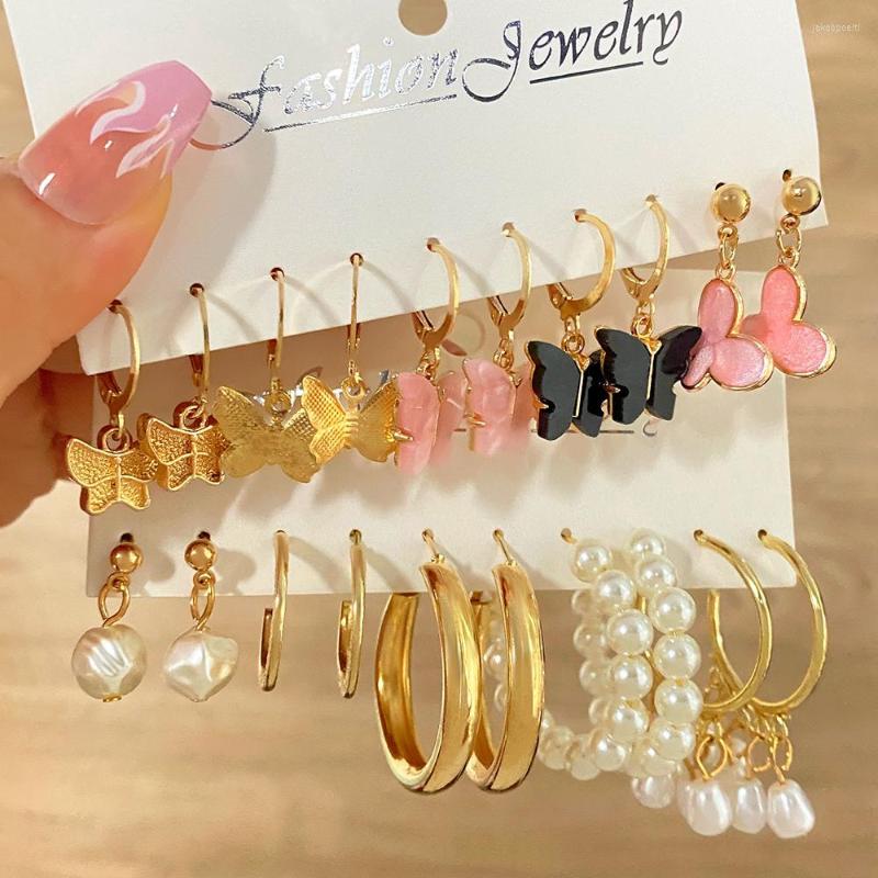 

Hoop Earrings Fashion Korean Pink Color Butterfly Pendant For Women Pearl Heart Long Tassels Dangle Girls Jewelry Accessorie