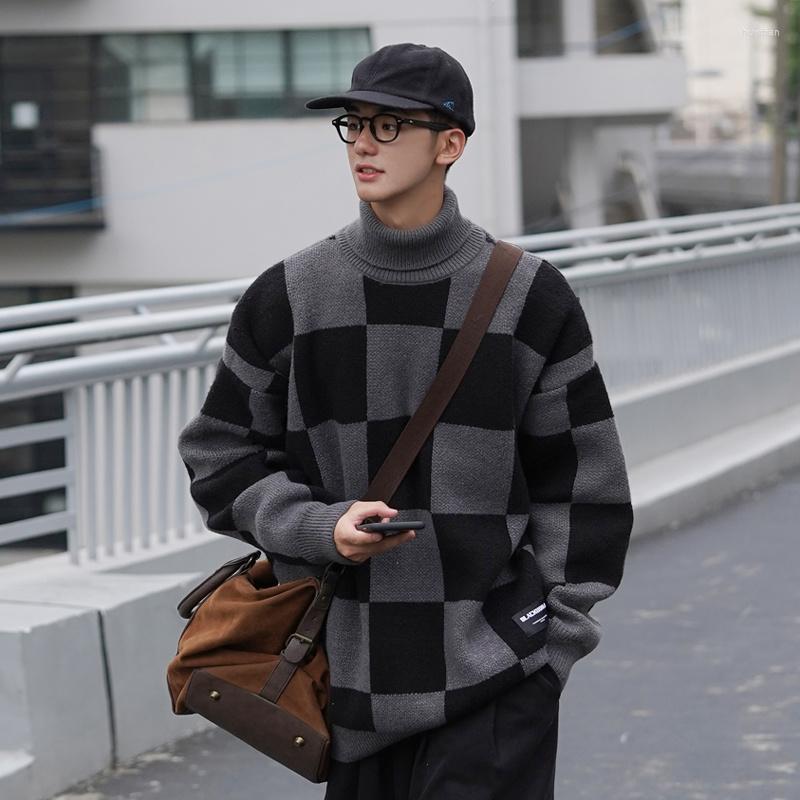 

Men's Sweaters Winter Turtleneck Sweater Men Warm Fashion Casual Knit Pullover Korean Loose Plaid Long Sleeve Mens Jumper Clothes, Black
