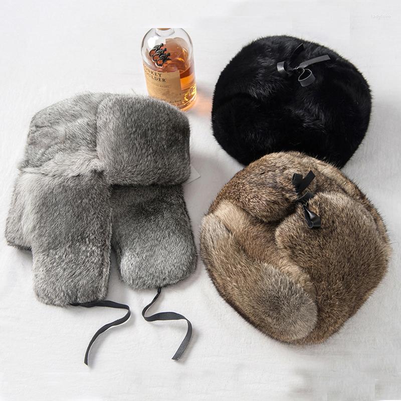 

Berets Fur Cap Man Genuine Winter Bomber Hat Thicken Windproof Warm Earmuffs Male Flat Russian Outdoor Pilot Fitted, Black