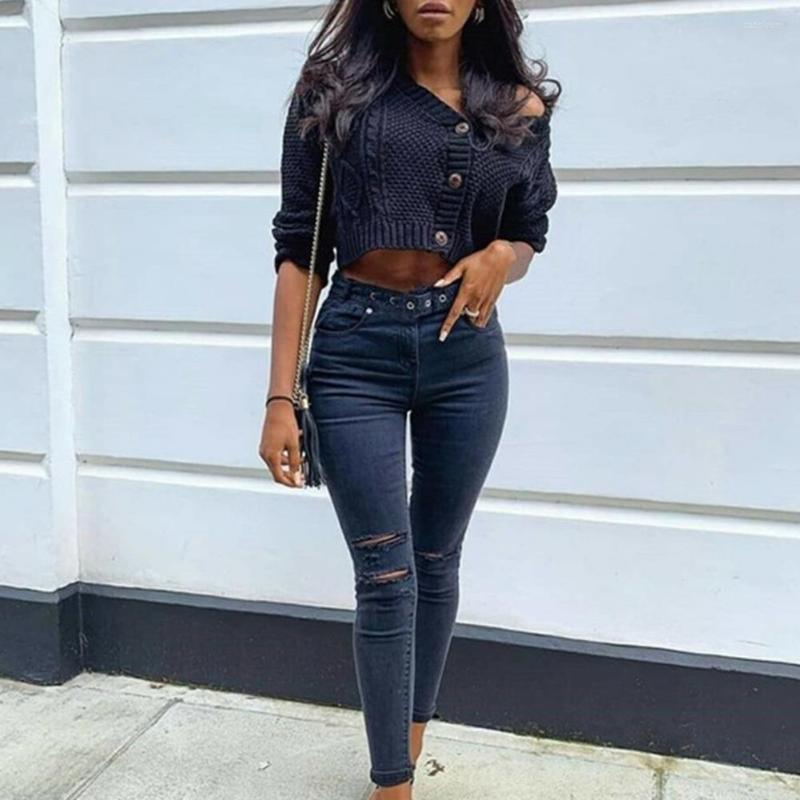 

Women' Knits Women Sweater V-Neck Long Sleeve Ribbed Edge Knitted Cardigan Solid Color Short Type Coat Buttons Placket Slim, Black