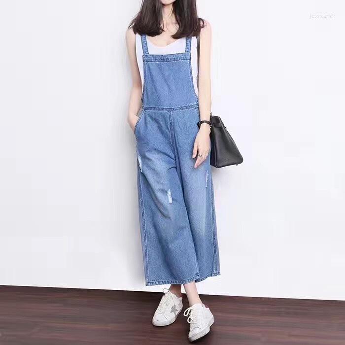 

Women' Jeans 2022 Female Shoulder Strap Denim Wide Leg Pants Woman Retro Loose Nine Points Suspenders Jumpsuit, Baby blue