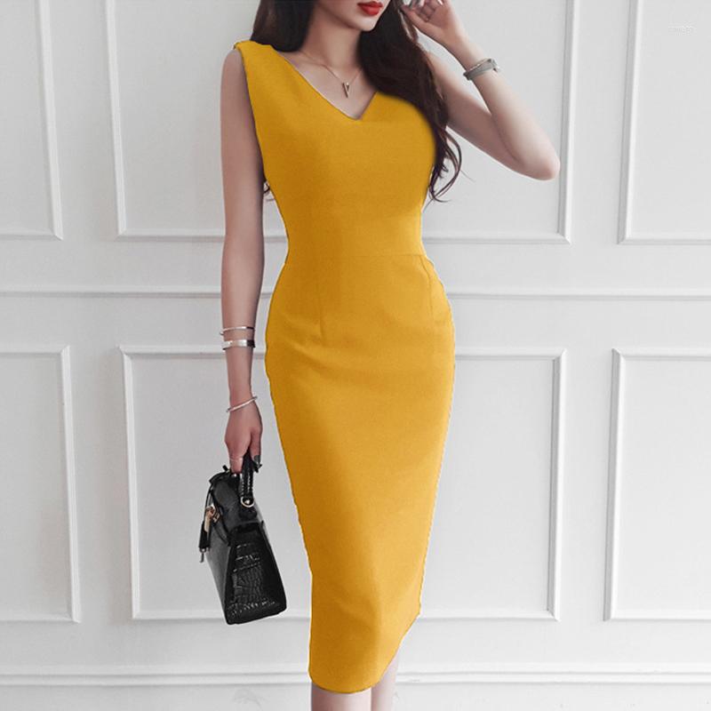 

Casual Dresses Arrival Fashion Korean Party Bodycon Dress Women Elegant Summer V-neck Sleeveless Temperament OL Sweet Simple Pencil, Yellow