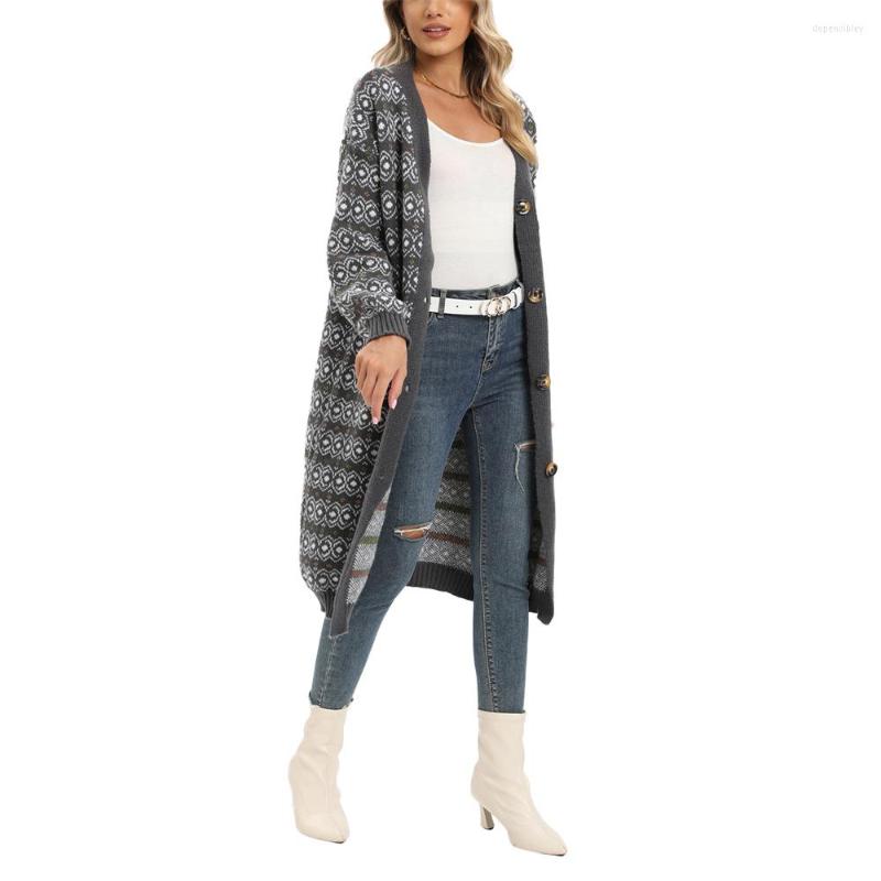 

Women's Knits Women Button Down Sweaters Jacket Geometric Print Loose Casual Knitted Long Cardigan Streetwear, Gray