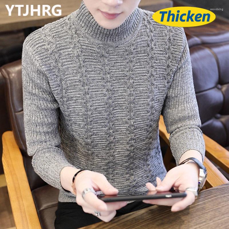 

Men's Sweaters Thicken Men's Clothing Winter Pullovers O Neck Knitted Half Turtleneck Korean Fashion Long Sleeve Solid Color Elastic, Creamy-white