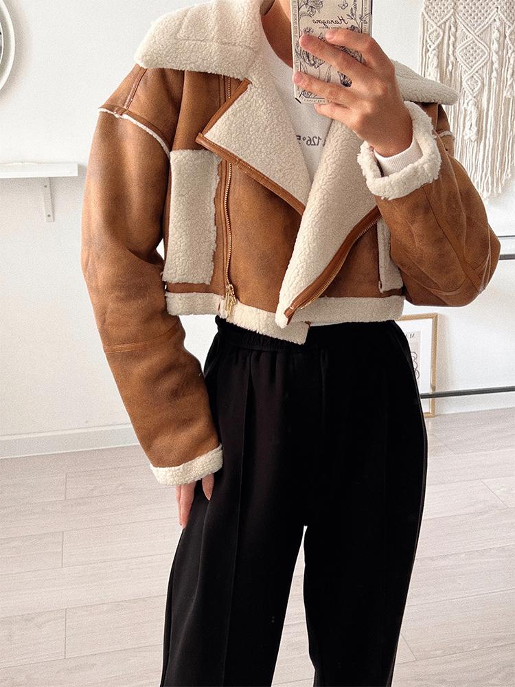 

Women' Leather ZACK RAIN Women Faux Fur Lamb Jacket 2022 Winter Ladies Short Thick Coat Vintage High Street Warm Spliced Female Chic, Light coffee