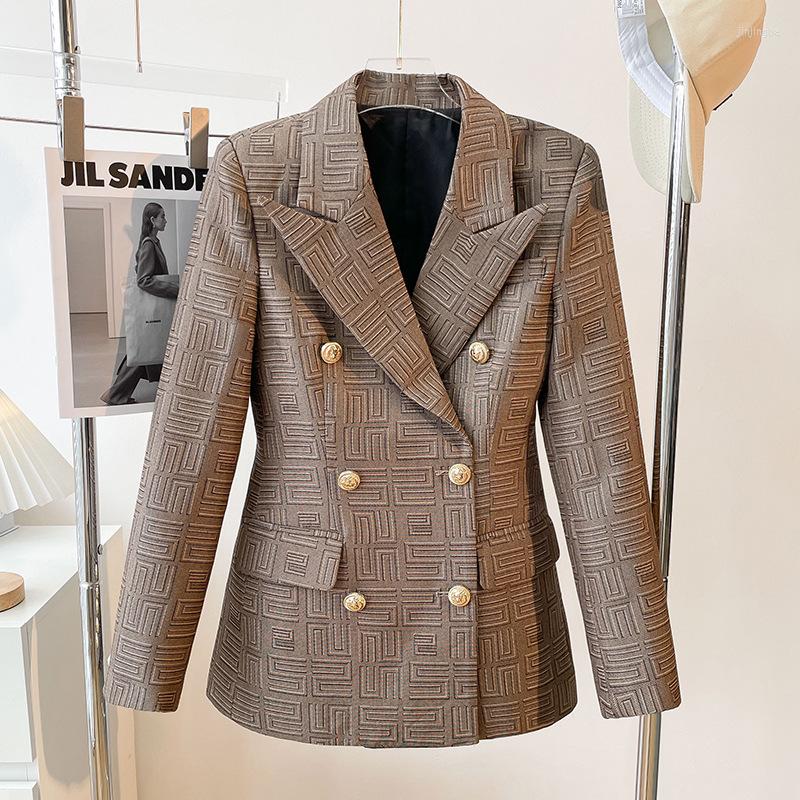 

Women' Suits Plaid Elegant Commuter Jacket Metal Buckle Brown Suit Collar Short Western Style Blazer Women Autumn Clothing, Beige