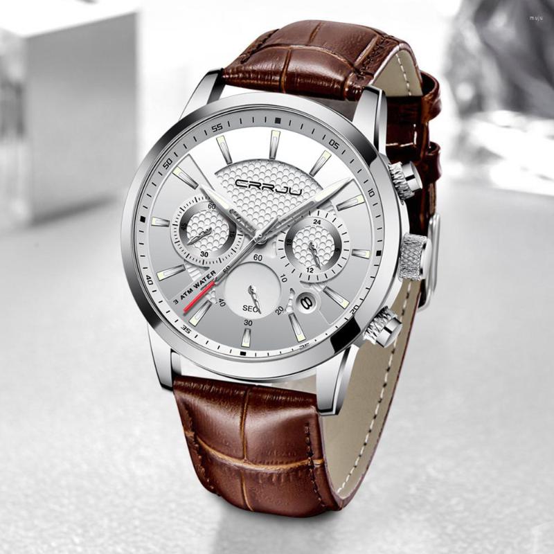 

Wristwatches CRRJU Man Watch Luxury Leather Wrist Casual Chronograph Quartz Waterproof Wristwatch, Silver white