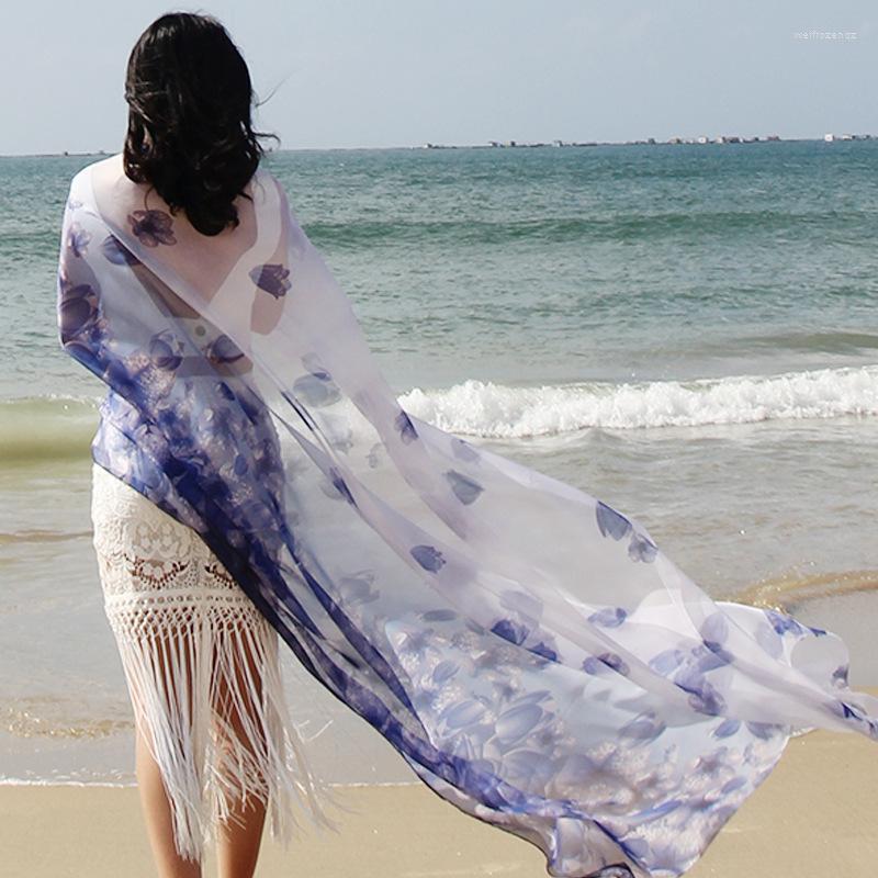 

Scarves Summer Long Silk Scarf Light Sunscreen Beach Towel Shawl Women's Chiffon