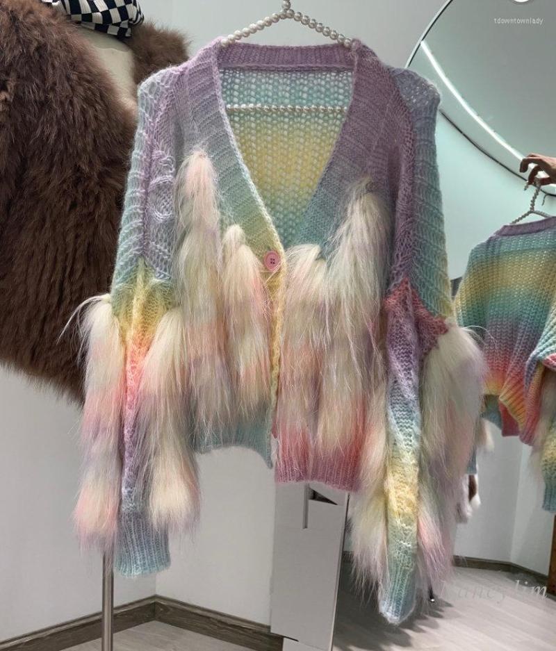 

Women's Knits Real Fur Patchwork Cardigan Women 2022 Autumn And Winter Raccoon Contrast Color Rainbow Knitted Sweater Soft Coats, Gray