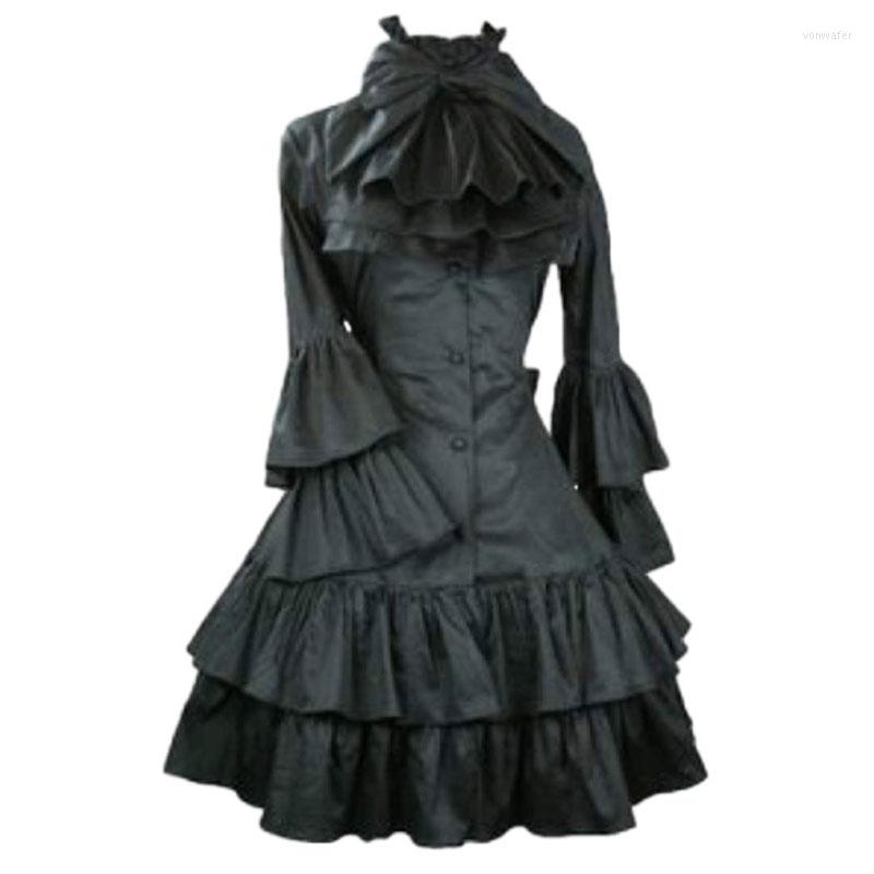 

Women' Trench Coats Women' Gothic Coat Black Long Bell Sleeve Cotton With Detachable Ruffled Bowtie, Picture shown