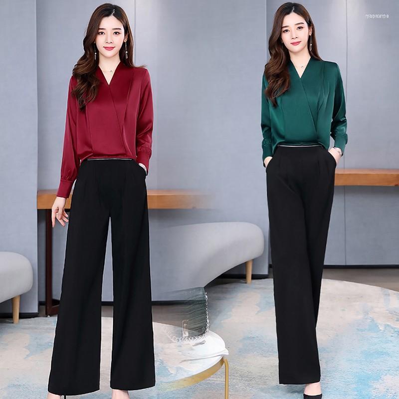 

Women' Two Piece Pants Women' 2022 Spring Autumn Pieces Sets Elegant Women Full Sleeve Satin Tops And Wide Leg Trousers Suits, Red