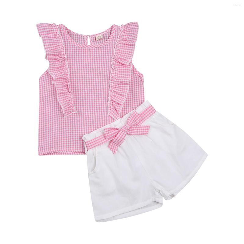 

Clothing Sets 2022 Baby Summer 3Pcs Girl Outfits Sleeveless Plaid Print Tank Top Shirt Shorts Headband Set, Picture shown