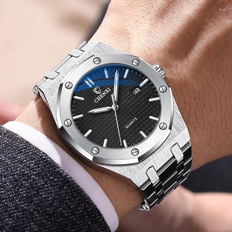 

Wristwatches CHENXI Watch Men Business Sports Luminous Stainless Steel Watches Case Man Quartz Date Waterproof Wristwatch Reloj Hombre, Silver
