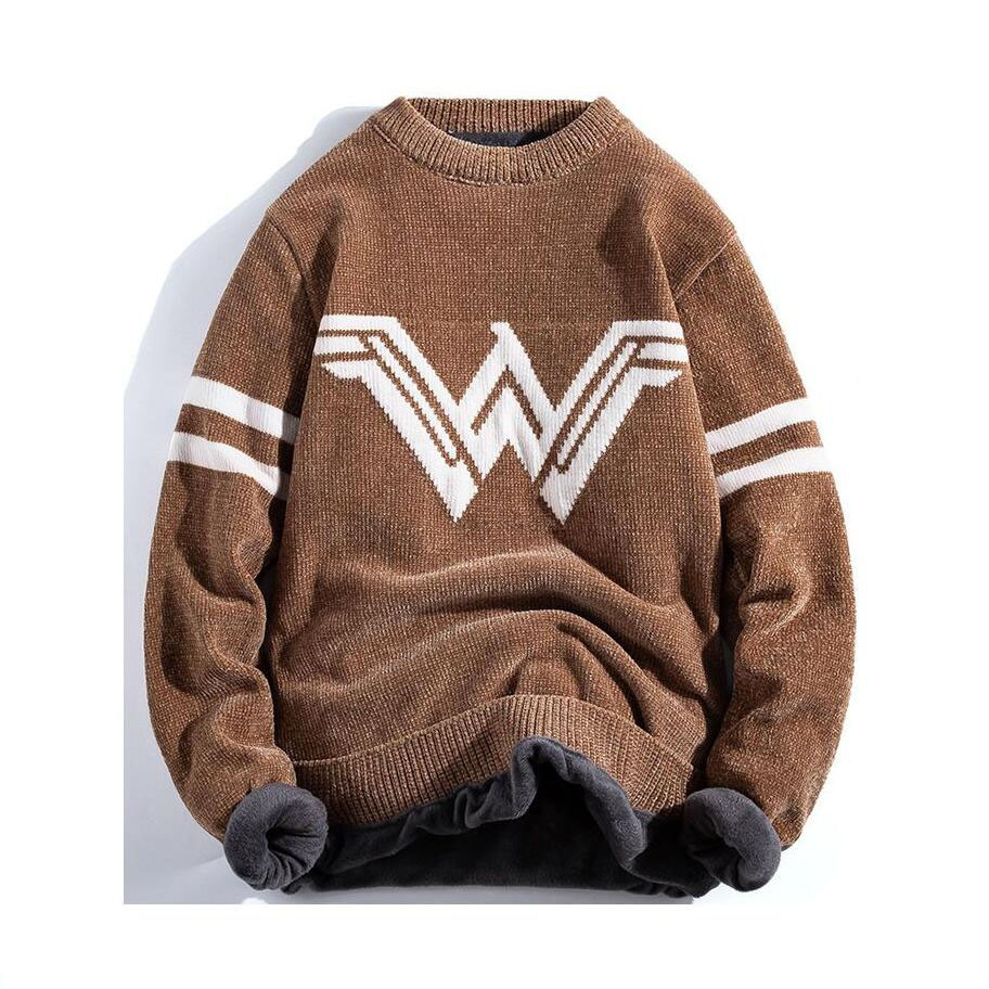 

Men's Fleece Warm Sweaters O Neck Thick Loose Knitted Pullovers Cartoon Printed Knit Velvet Sweater, W gray-regular