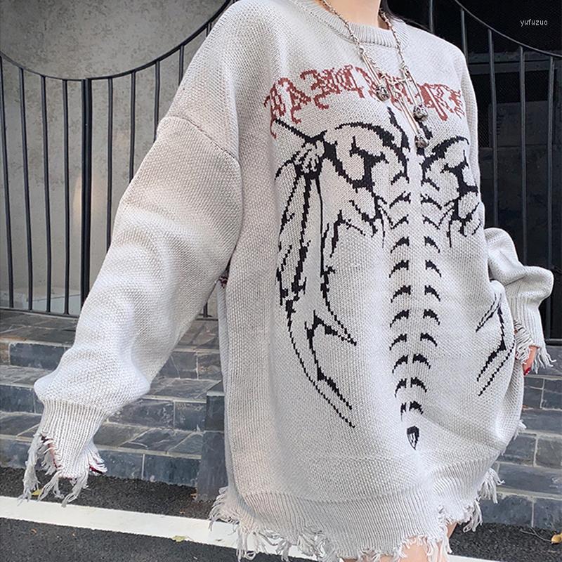 

Men's Sweaters Punk Gothic Letter Bat Skeleton Print Knitted Long Unisex Sweater Women Cool Hollow Out Hole Broken Jumper Loose Rock, 2010-heise