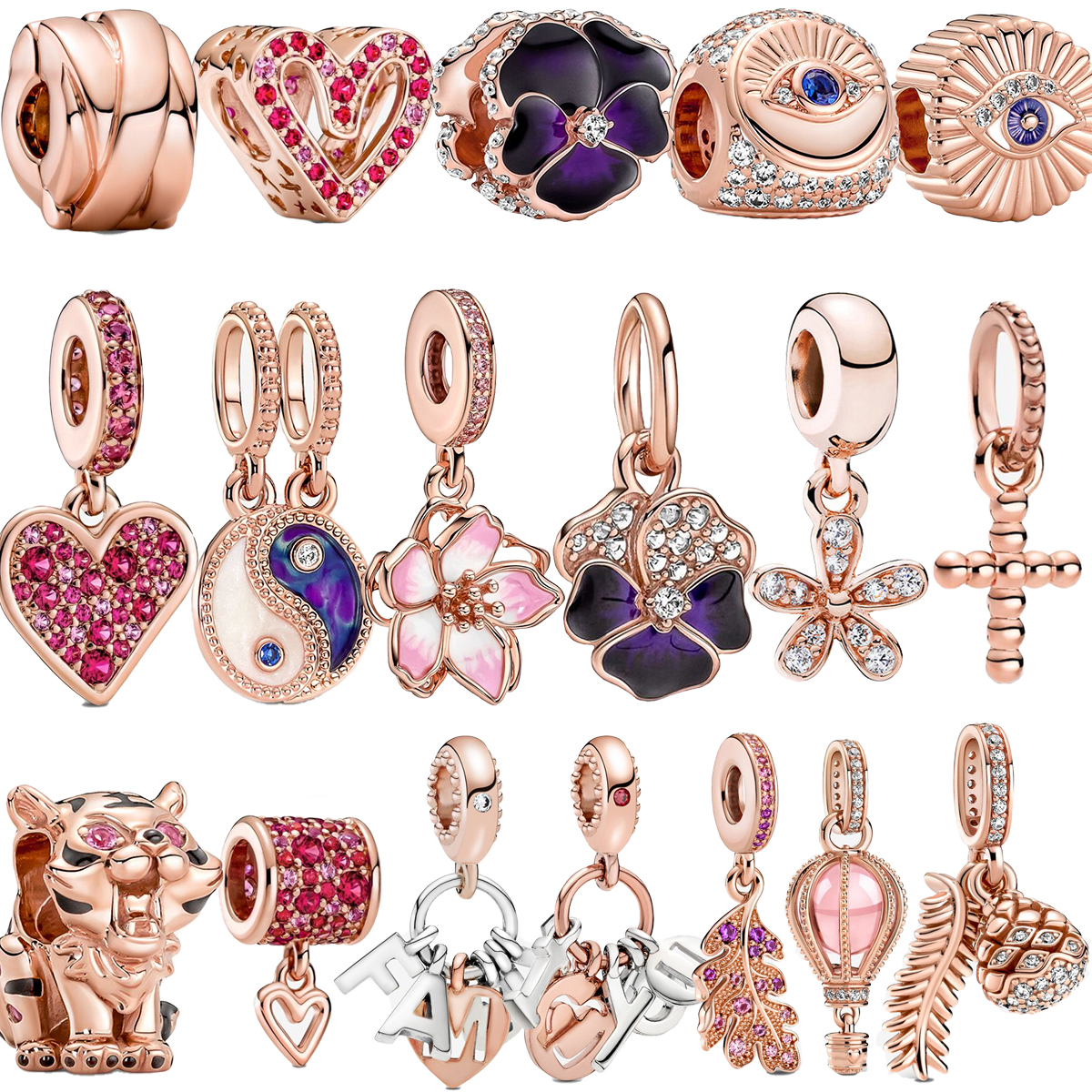 

New Popular 925 Sterling Silver Charm Vermiculite Rose Golden Flower Tiger Cross Love Suitable for Pandora Jewelry Gifts