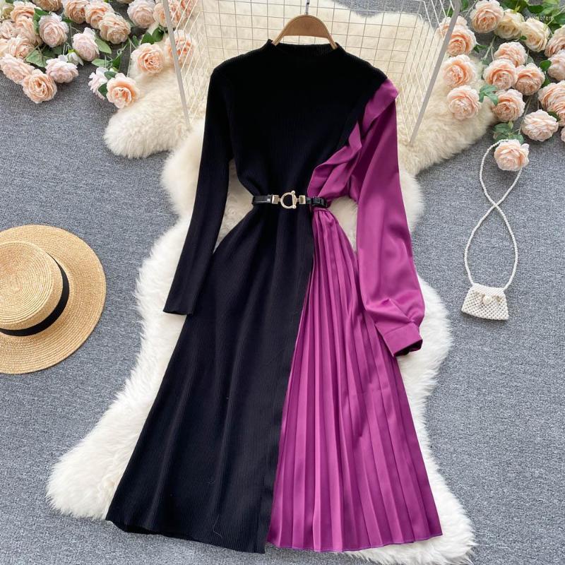 

Casual Dresses 2022 Spring Fall Contrast Color Knitted Stitching Satin Midi Dress Women Long Sleeve Ruffles Elegant Pleated Vestidos With, Green
