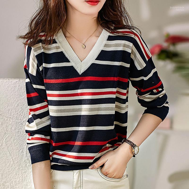 

Women's Sweaters Women's Women Sweater Autumn Winter 2022 V Neck Striped Pull Femme Luxe Knitted Pullover Color Contrast Loose Long, Black