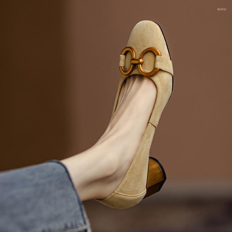 

Dress Shoes Spring Simple Atmosphere Single Metal Decorative Thick High Heels Fashion Women's Party Kid Suede Retro Woman Pumps, Blue