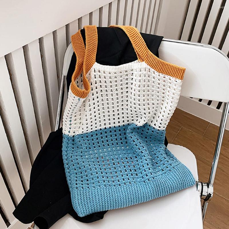 

Evening Bags Summer Women Knitted Hollow Out Shoulder Fashion Contrast Color Large Capacity Tote Female Shopping Travlling Beach Bag, Yellow