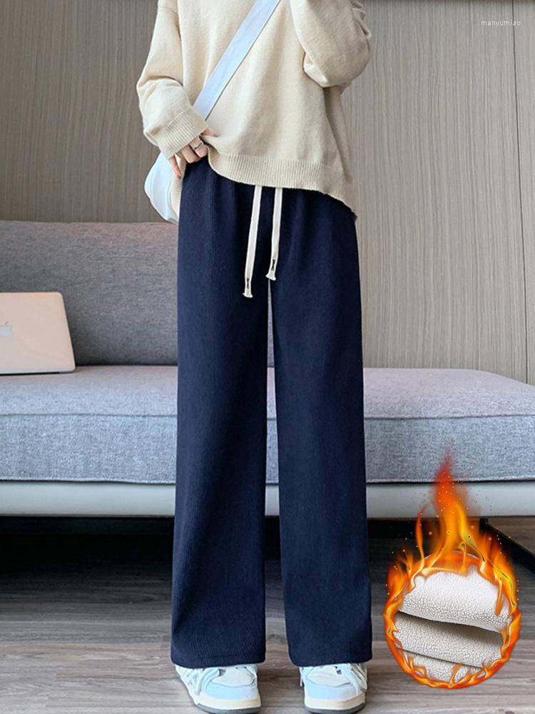

Women' Pants 2022 Autumn Winter Women Long Fleece Inside Elestic Waist Wide Leg Trousers Thicken Female, Beige
