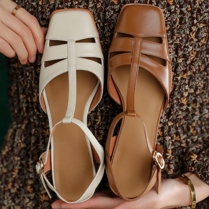 

Dress Shoes Women's Genuine Leather Hollow-out Summer Thick Med Heel T-strap Sandals Square Toe OL Style Comfortable Casual Daily Heels, Beige