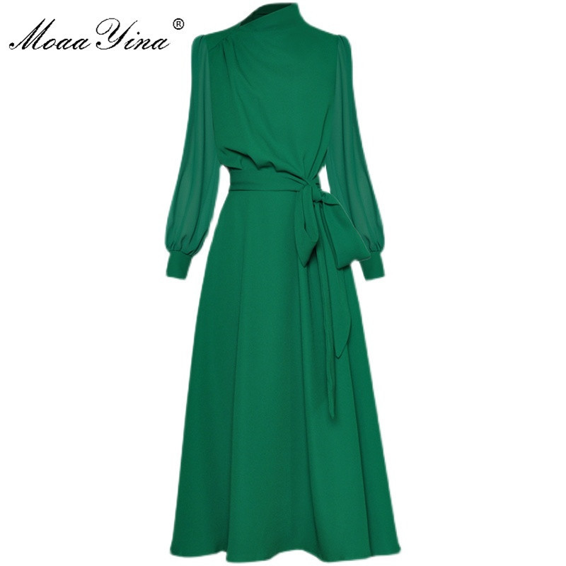 

Two Piece Dress MoaaYina Fashion Designer dress Spring Women's Diagonal collar Lantern Sleeve Loose Laceup Solid color Chiffon es 221010, Green
