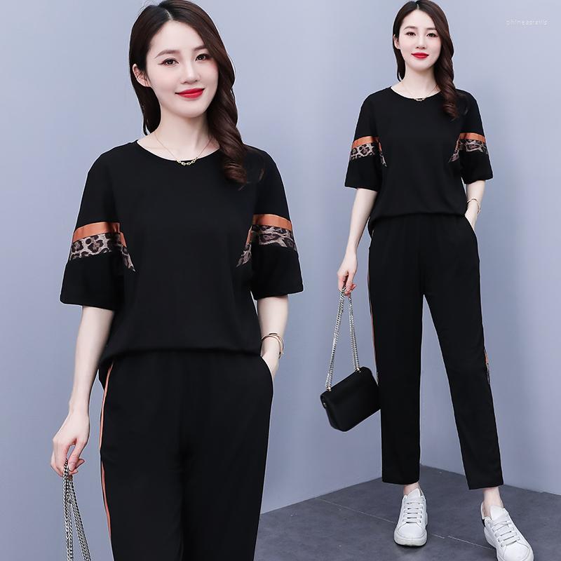 

Women's Two Piece Pants Casual Fashion Leopard Printing Pant Sets Summer 2022 Short Sleeve O Neck T-shirt Wide Leg Slim Women's Clothing, Suit
