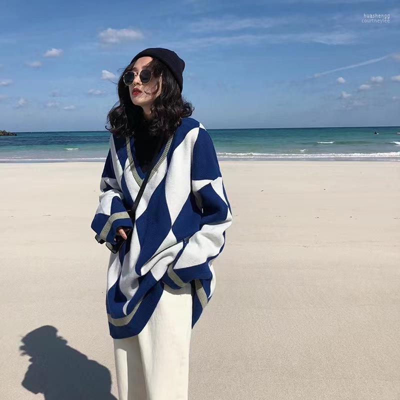 

Women's Sweaters Women's Autumn And Winter Vintage Diamond V-neck Sweater Women Korean Version Of Contrast Color Oversized Lazy Style